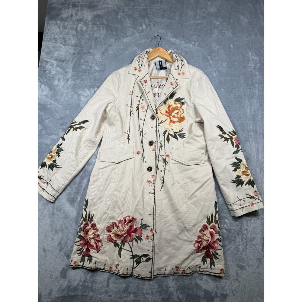 Carmen by Dance In Paris Long Trench Coat Womens Large Beige Embroidery Floral
